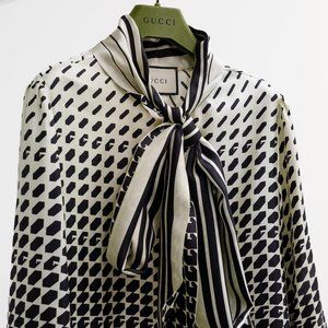 Gucci Geometric Print Two-toned Bow Blouse